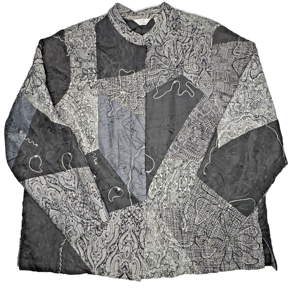 Vtg LAURA ASHLEY Woman Patchwork Embroidered Kimono Jacket 2X Black Gray Artsy